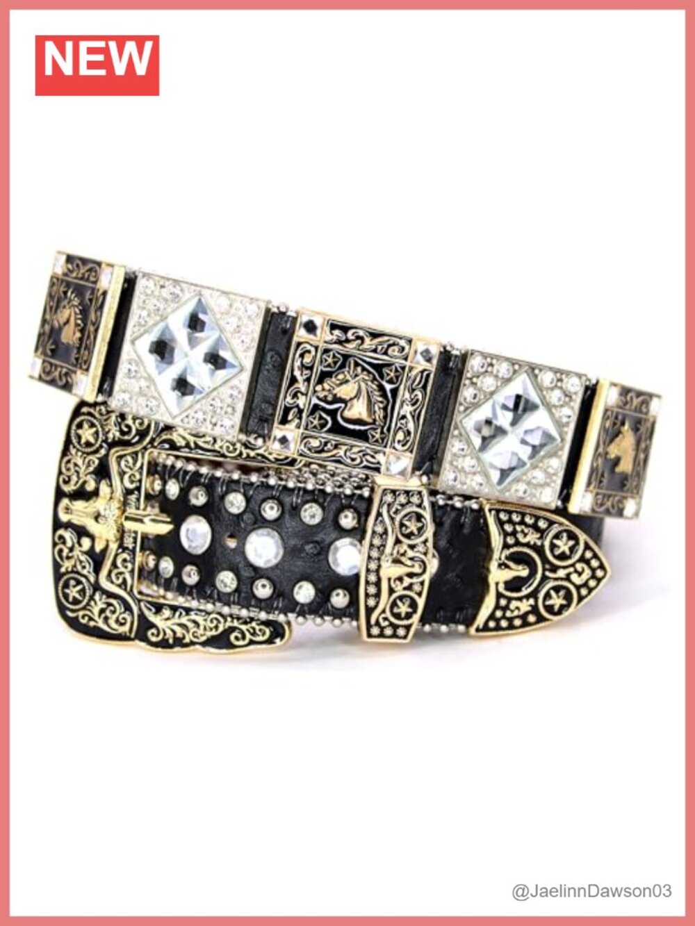 Genuine Leather Rhinestone Western Belt with Engraved Buckle